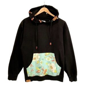 Local Knits Floral Mixed Fleece Pullover Hoodie Unisex Size Small Leather Trim